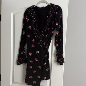 Club Monaco Black Mini Wrap Dress with Pink Rose Print